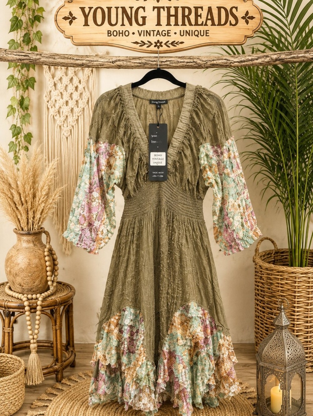 Young Threads Olive Green Boho Midi Dress with Floral Ruffled Sleeves